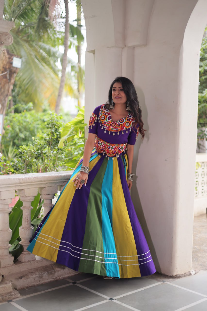 Multicolour Roman Fabric Lehenga with Gota Lace Work & Gamthi Embroidered Mirror Work Blouse