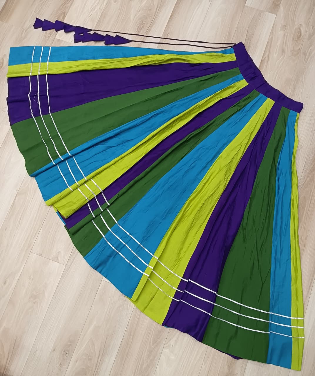 Multicolour Roman Fabric Lehenga with Gota Lace Work & Gamthi Embroidered Mirror Work Blouse