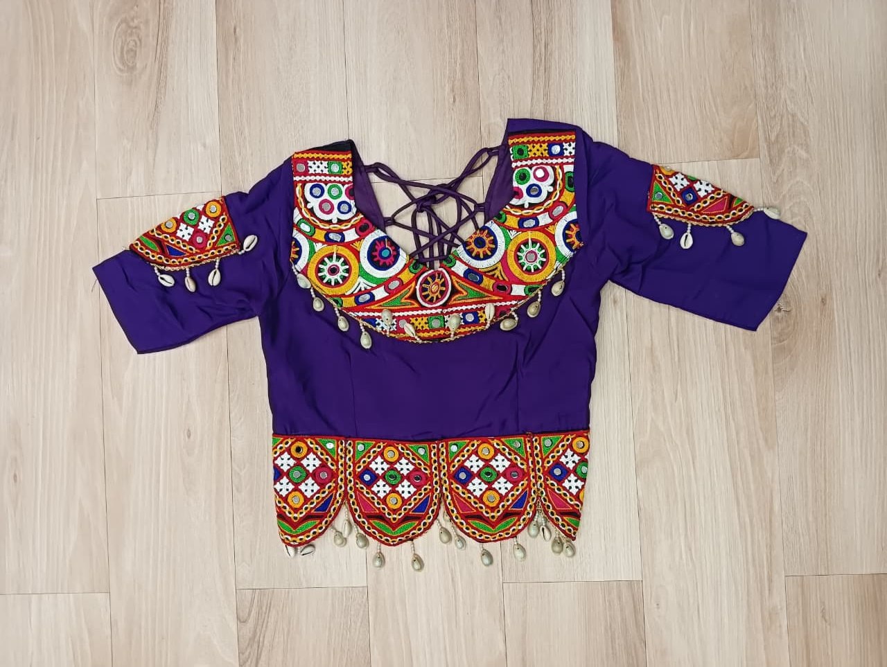 Multicolour Roman Fabric Lehenga with Gota Lace Work & Gamthi Embroidered Mirror Work Blouse