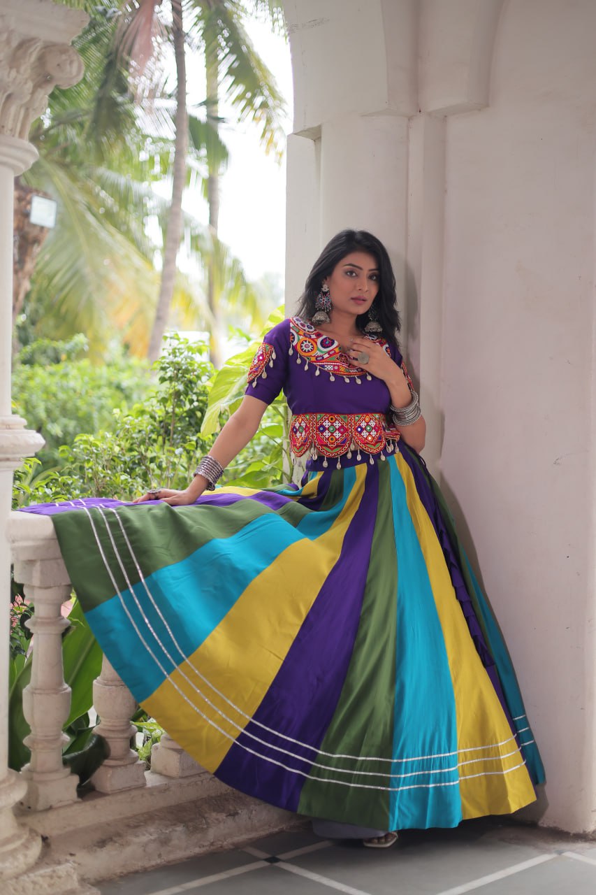 Multicolour Roman Fabric Lehenga with Gota Lace Work & Gamthi Embroidered Mirror Work Blouse