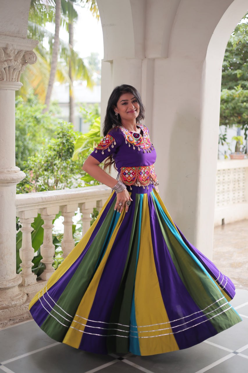 Multicolour Roman Fabric Lehenga with Gota Lace Work & Gamthi Embroidered Mirror Work Blouse
