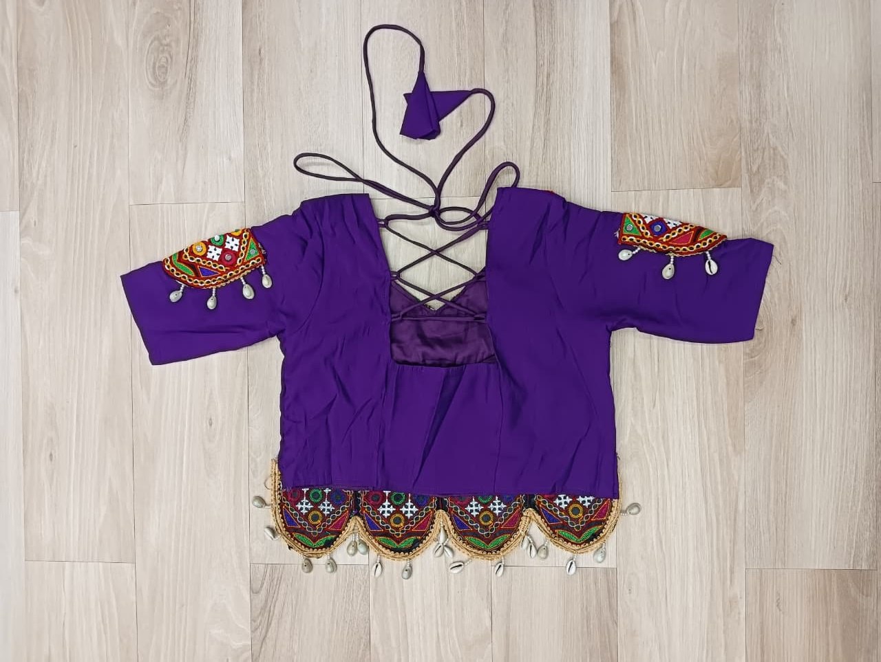 Multicolour Roman Fabric Lehenga with Gota Lace Work & Gamthi Embroidered Mirror Work Blouse