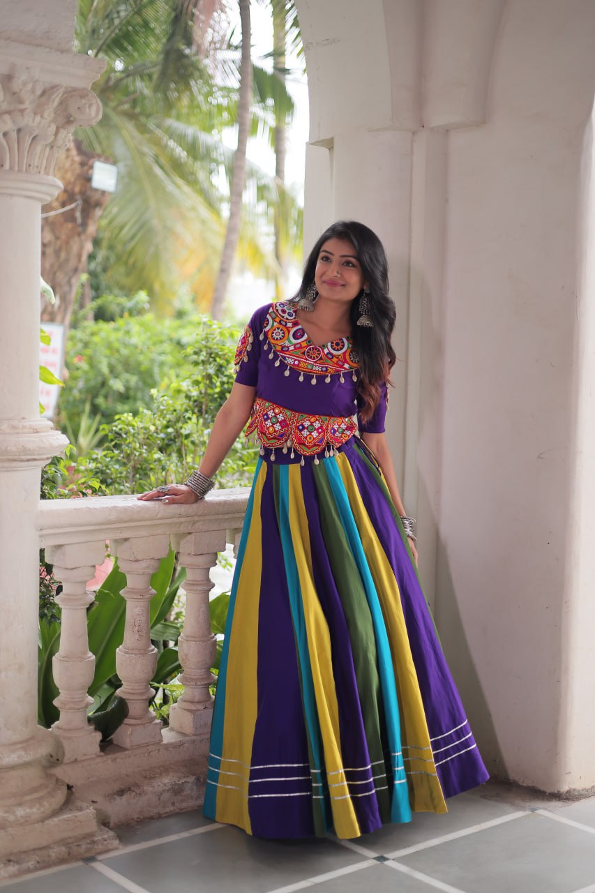Multicolour Roman Fabric Lehenga with Gota Lace Work & Gamthi Embroidered Mirror Work Blouse