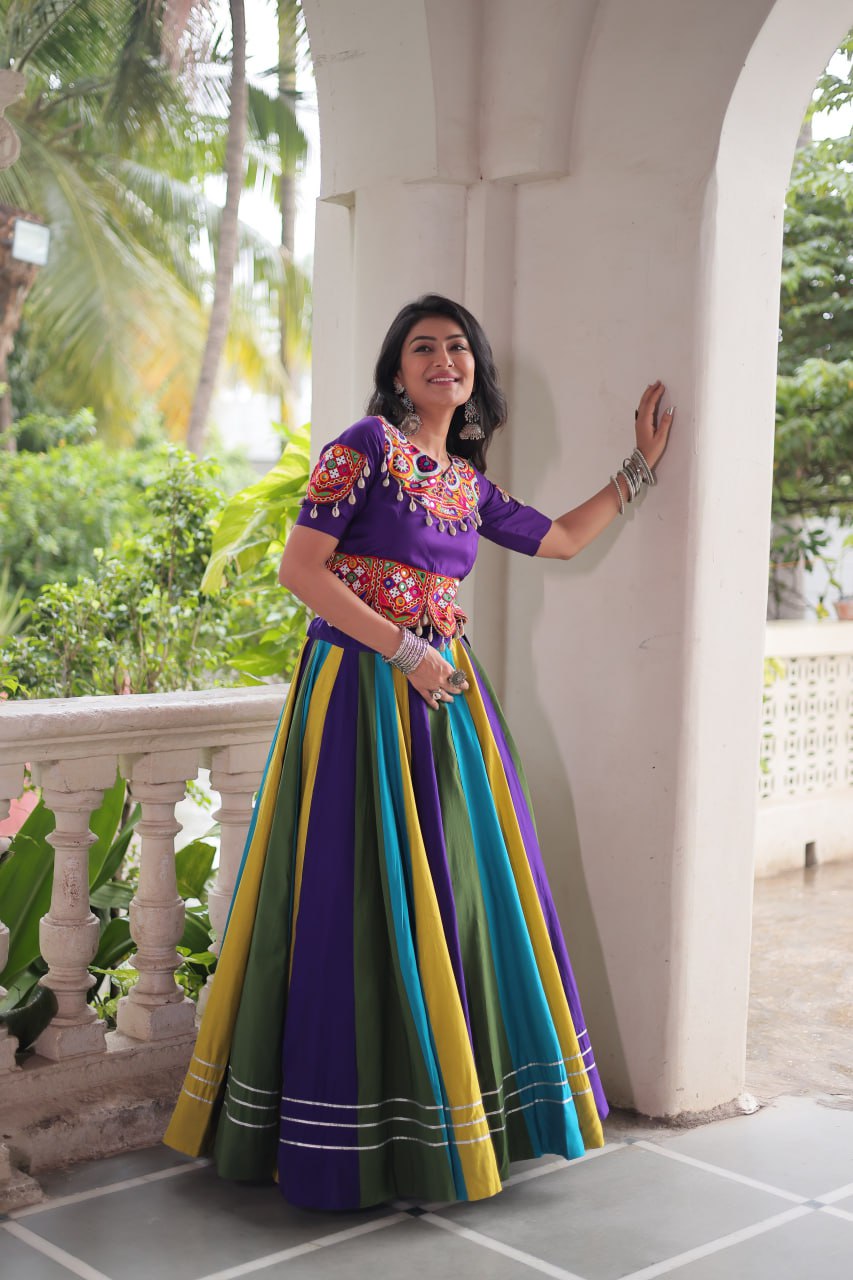 Multicolour Roman Fabric Lehenga with Gota Lace Work & Gamthi Embroidered Mirror Work Blouse