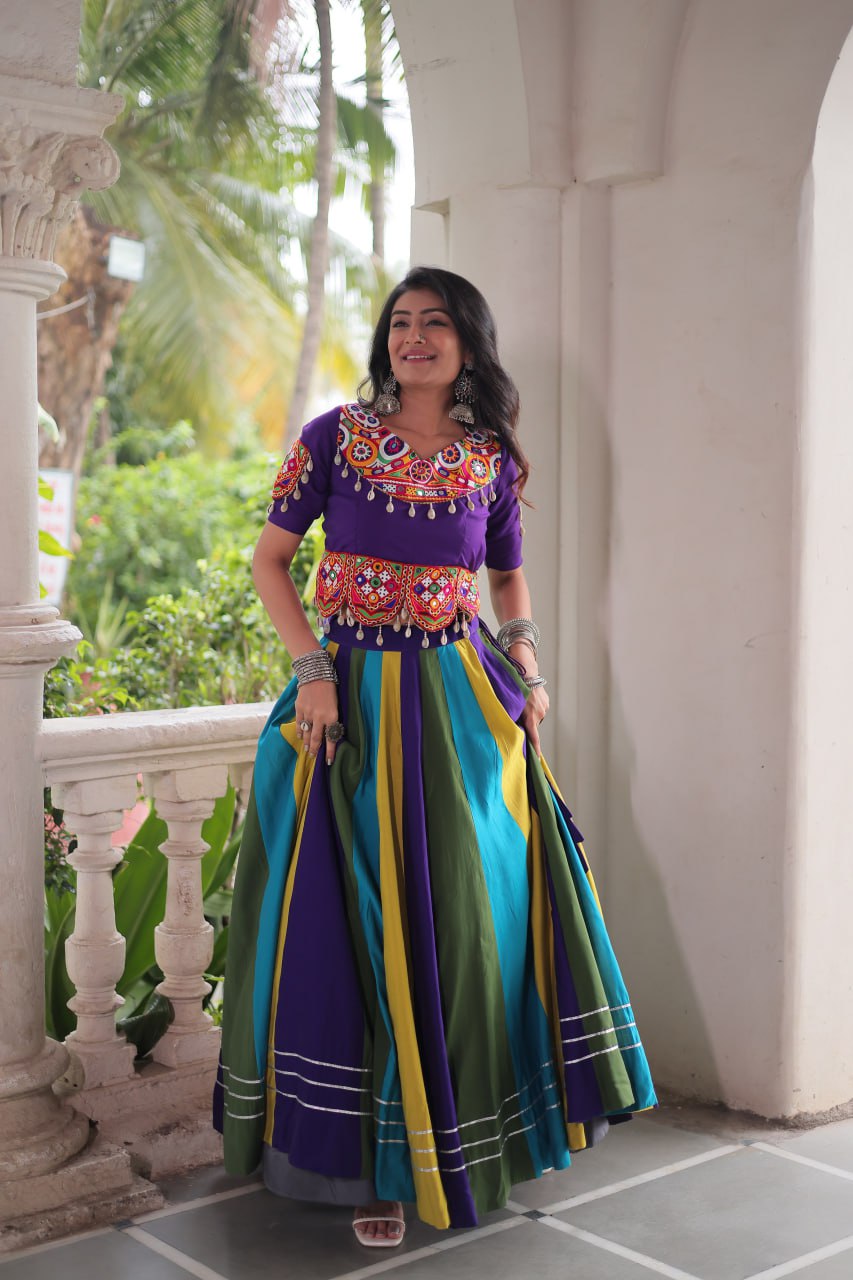 Multicolour Roman Fabric Lehenga with Gota Lace Work & Gamthi Embroidered Mirror Work Blouse