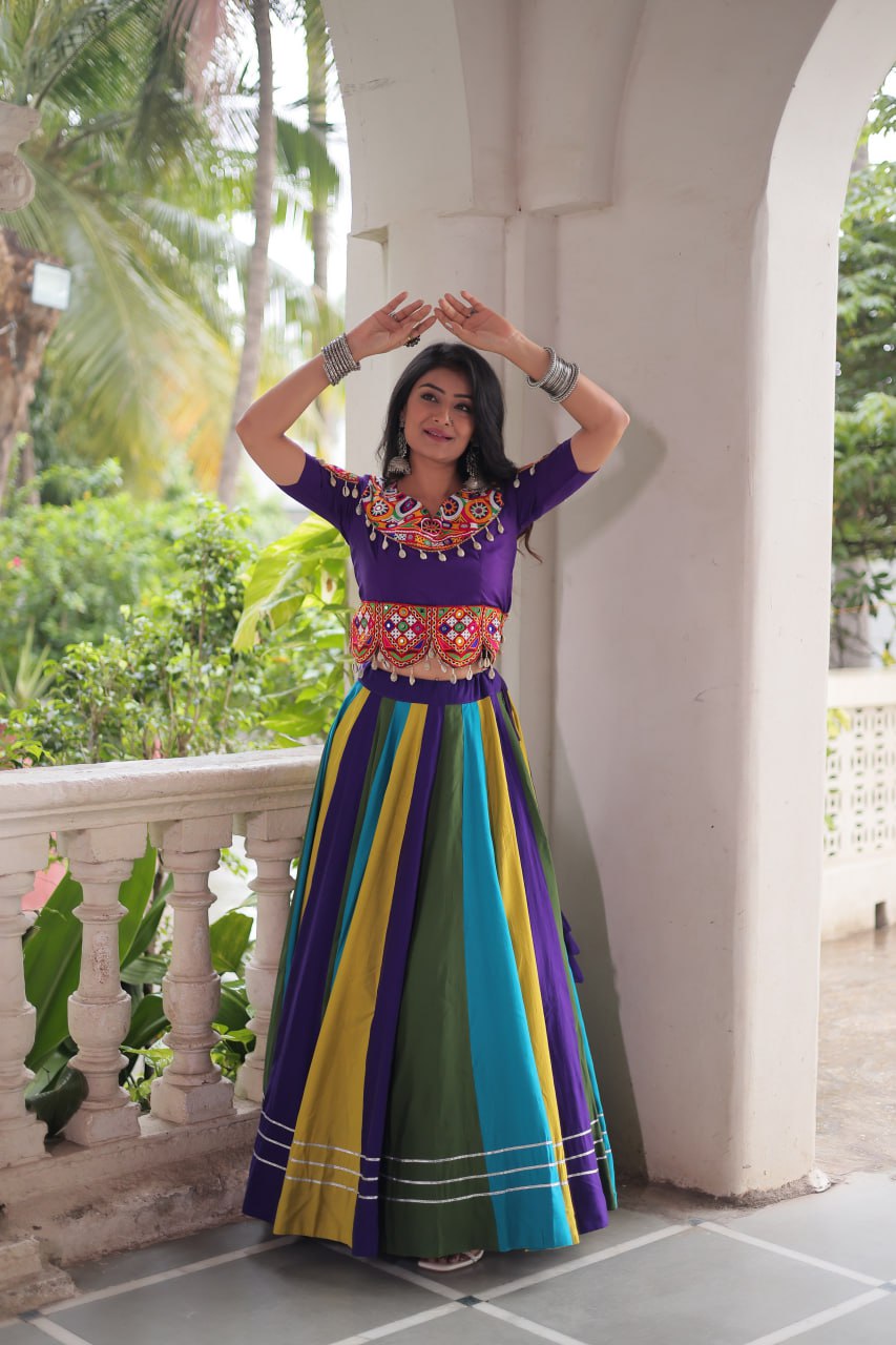Multicolour Roman Fabric Lehenga with Gota Lace Work & Gamthi Embroidered Mirror Work Blouse