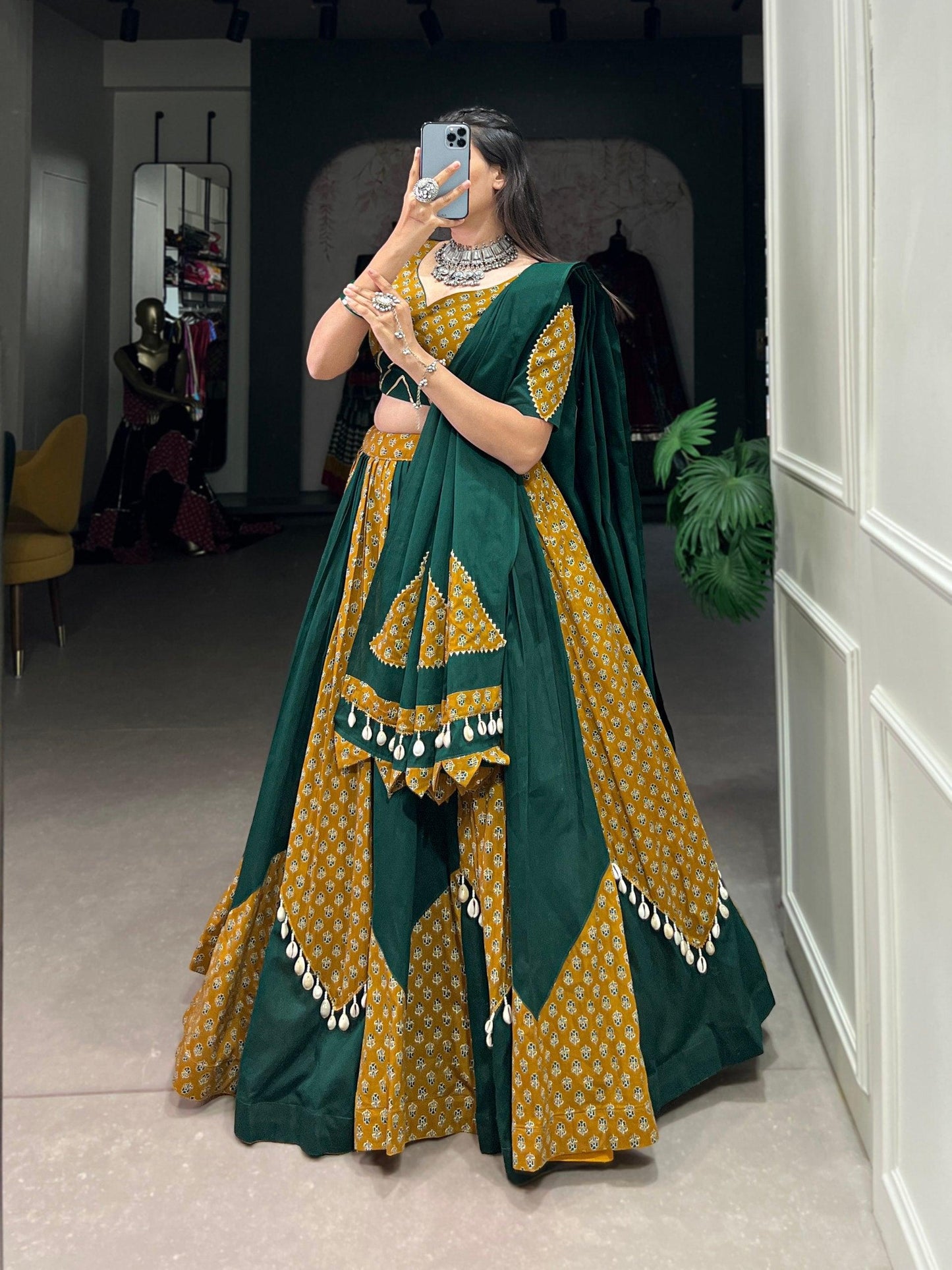 Mustard & Green Colored Pure Cotton Navratri Wear Lehenga Set