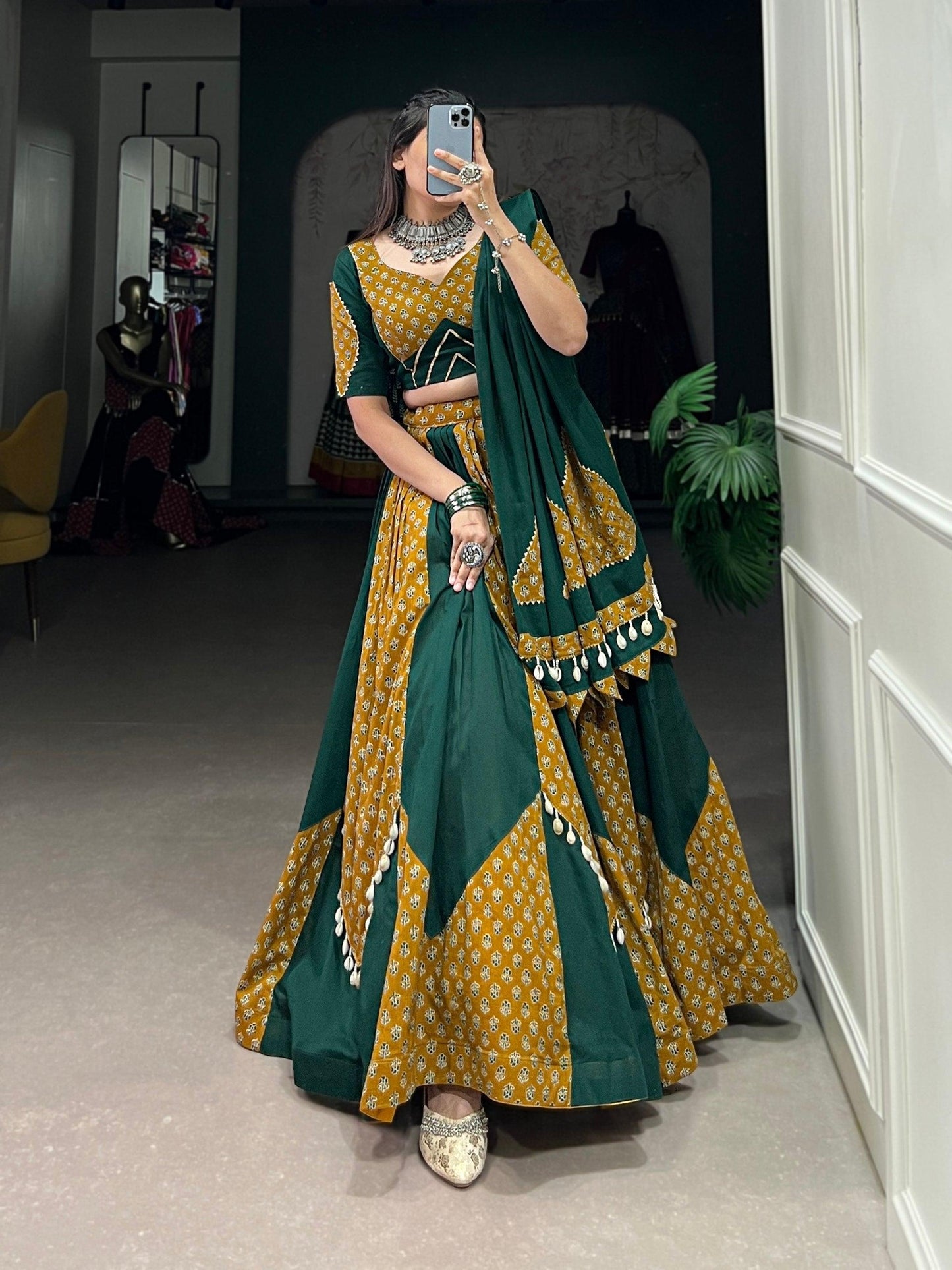 Mustard & Green Colored Pure Cotton Navratri Wear Lehenga Set