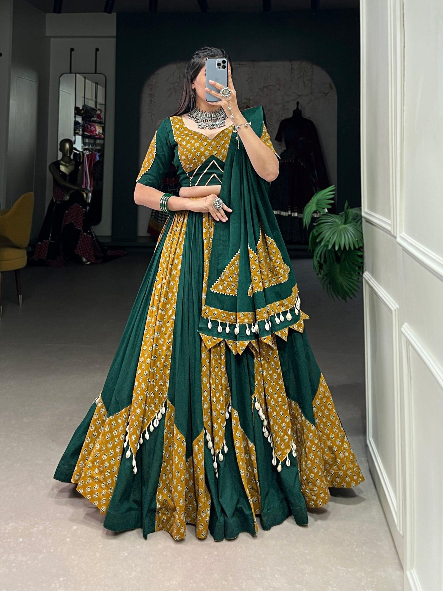 Mustard & Green Colored Pure Cotton Navratri Wear Lehenga Set