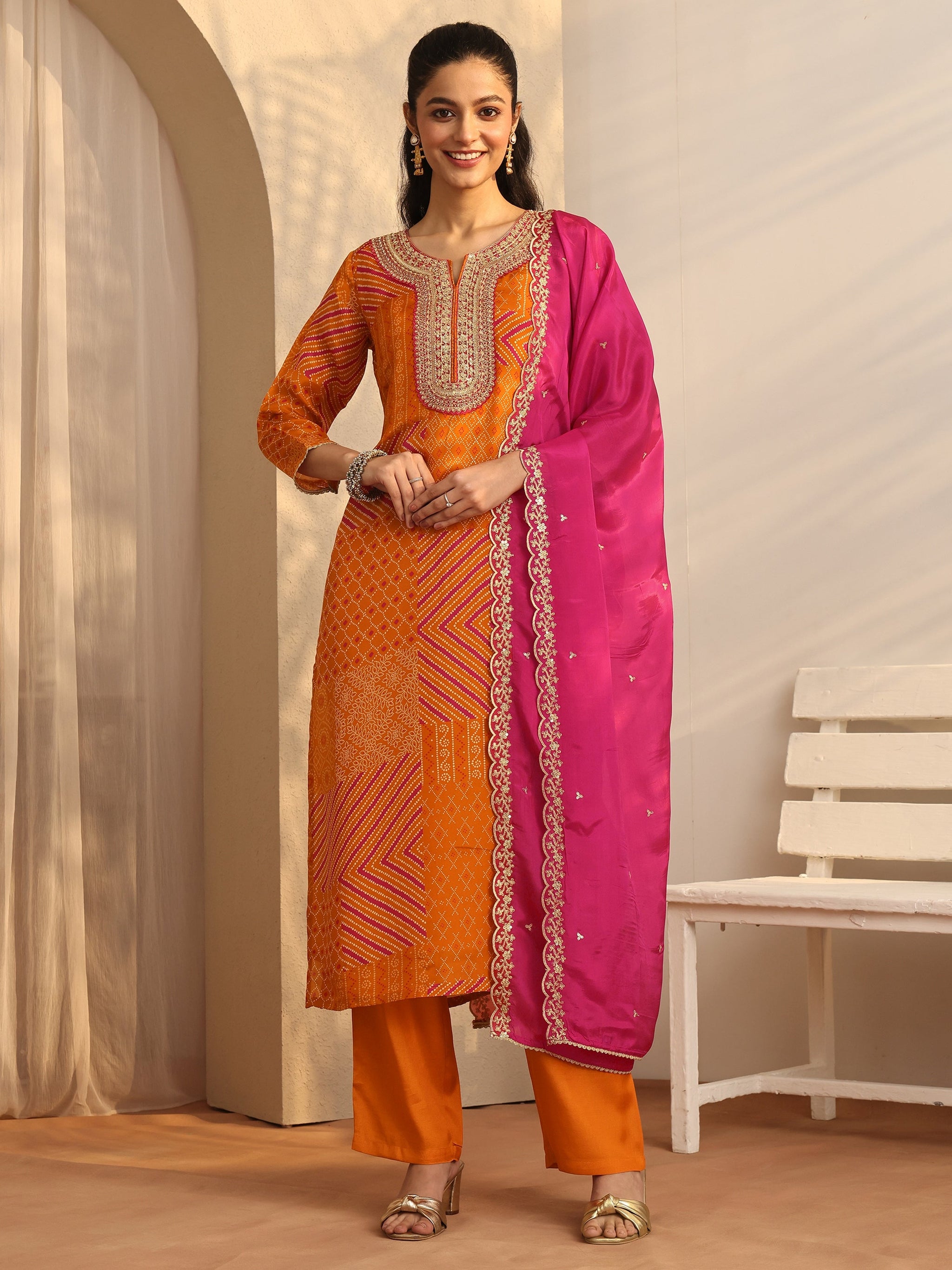 Libas Mustard Bandhani Printed Organza Suit Set With Dupatta