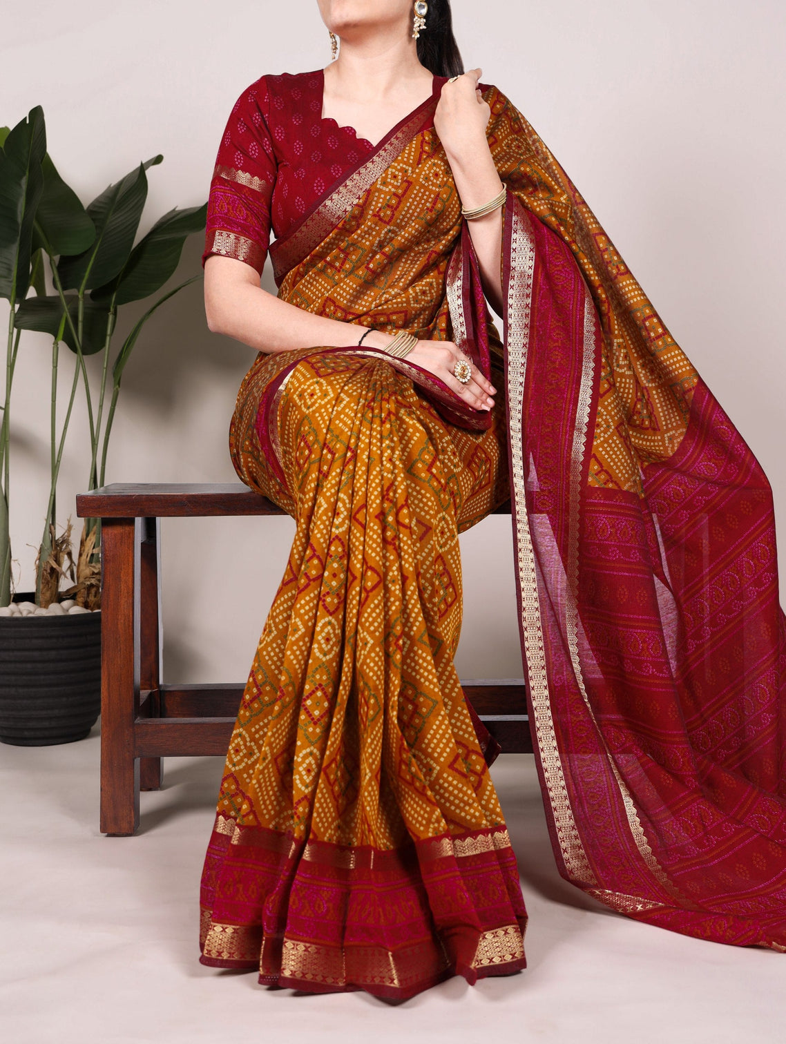 Mustard Bandhej Print Chanderi Saree with Zari Weaving Work