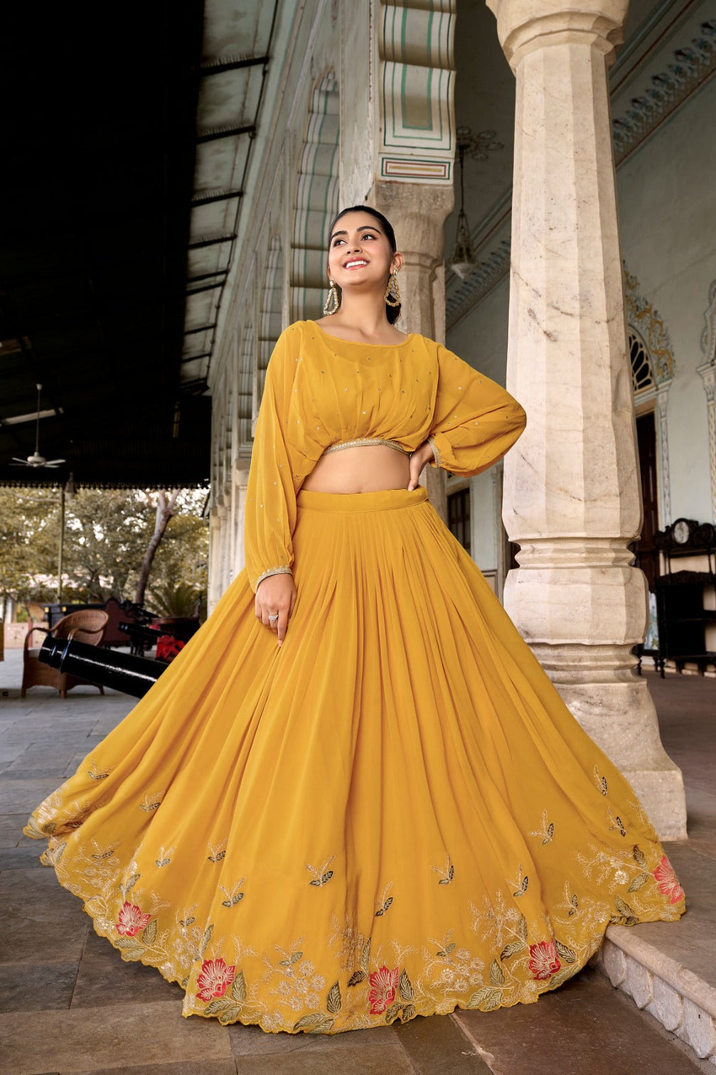 Mustard Breathtaking Embroidered Georgette Lehenga Co-ord Set