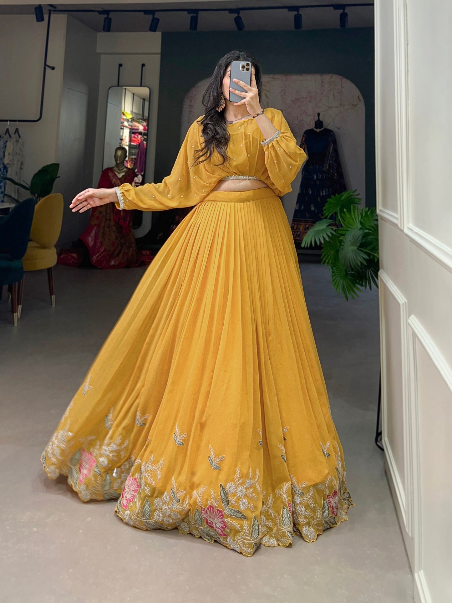 Mustard Breathtaking Embroidered Georgette Lehenga Co-ord Set