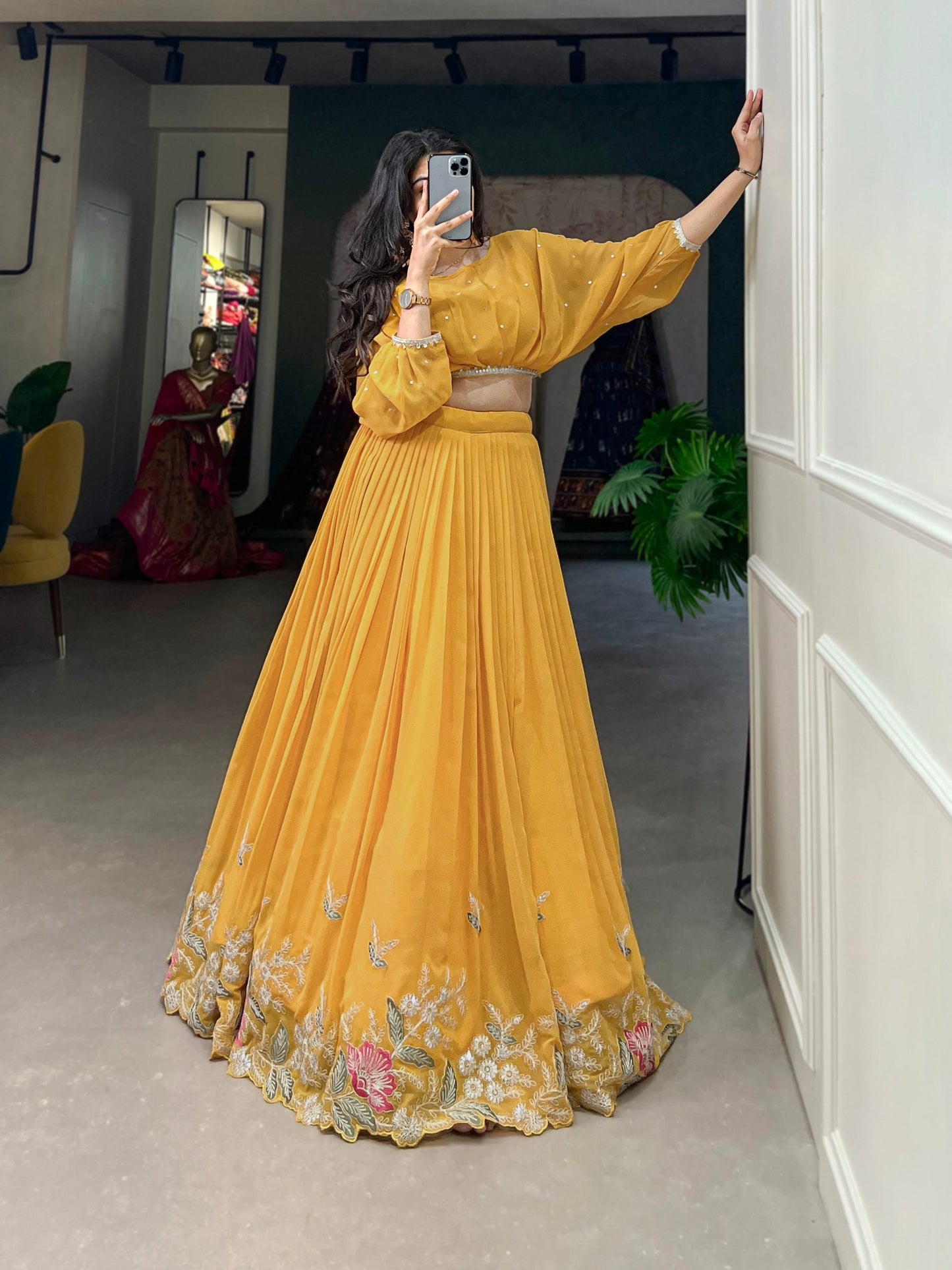 Mustard Breathtaking Embroidered Georgette Lehenga Co-ord Set