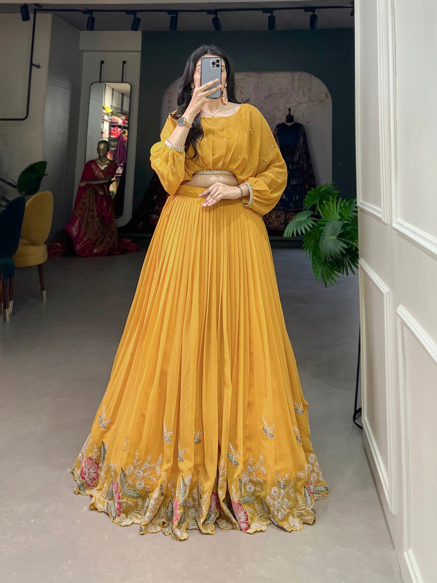 Mustard Breathtaking Embroidered Georgette Lehenga Co-ord Set