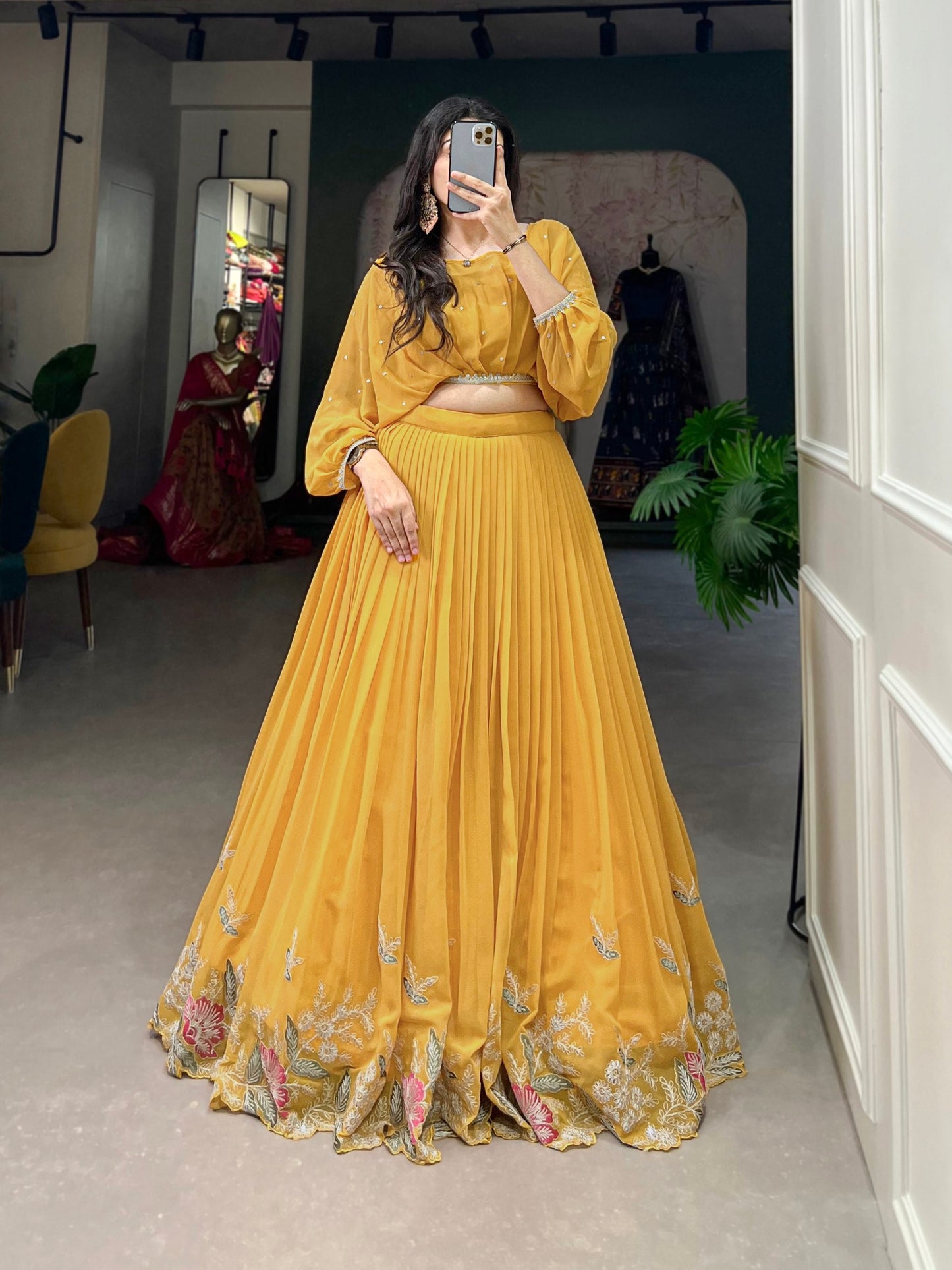 Mustard Breathtaking Embroidered Georgette Lehenga Co-ord Set