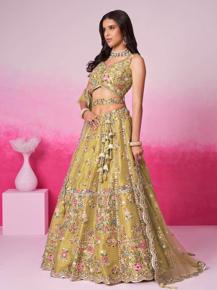 Mustard Bridel Net Moti, Sequins embroidery Semi-Stitched Bridel Lehenga choli & Dupatta