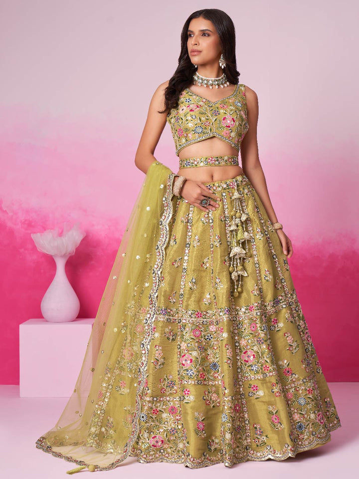 Mustard Bridel Net Moti, Sequins embroidery Semi-Stitched Bridel Lehenga choli & Dupatta