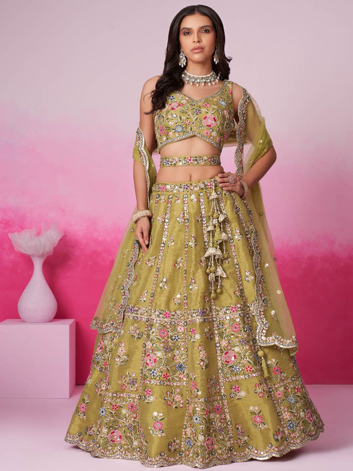 Mustard Bridel Net Moti, Sequins embroidery Semi-Stitched Bridel Lehenga choli & Dupatta