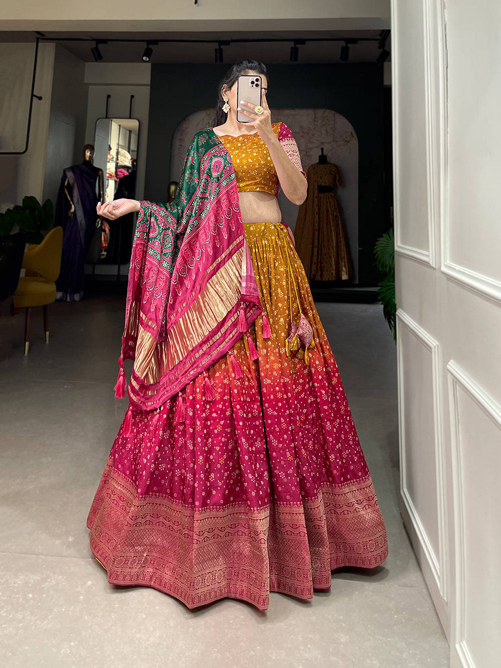 Mustard Color Printed With Zari Weaving Work Viscose Dola Silk Lehenga Choli