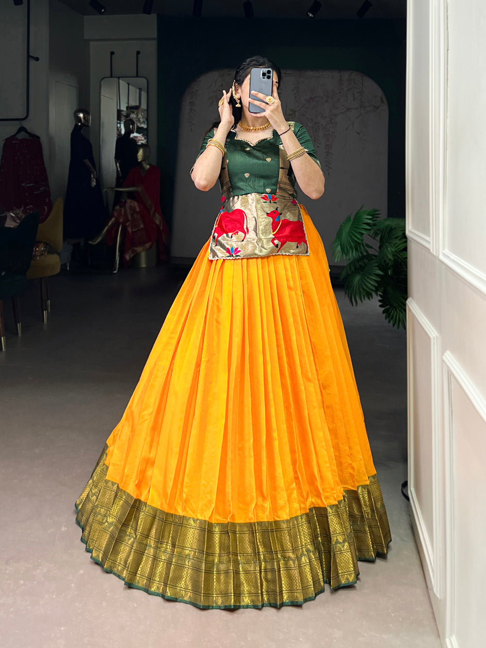 Mustard south indian style zari border lehenga choli with jacquard silk blouse