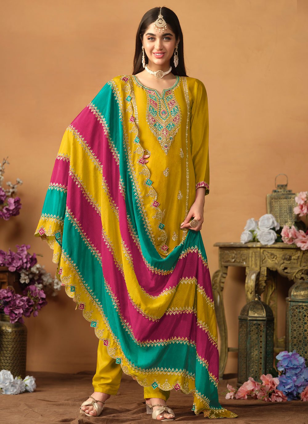 Mustard color embroidery work straight salwar suit