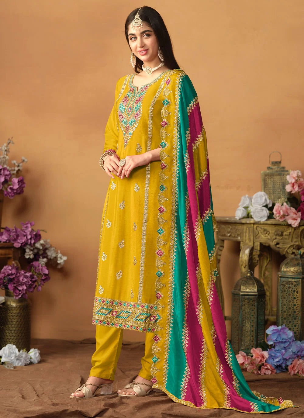 Mustard color embroidery work straight salwar suit