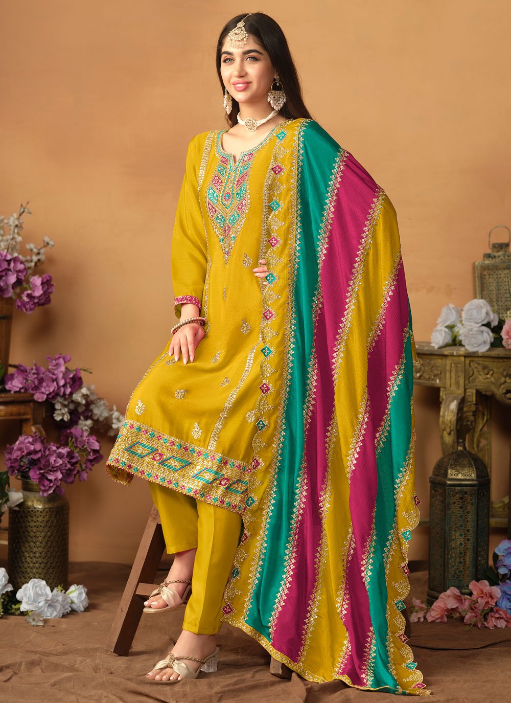 Mustard color embroidery work straight salwar suit
