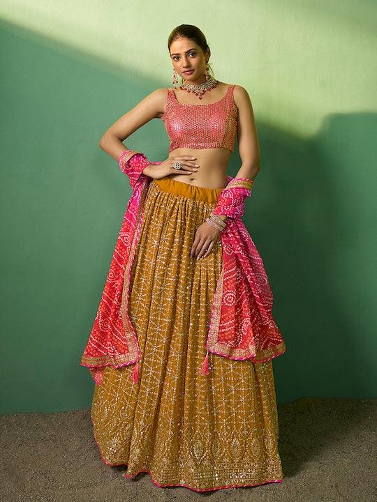 Mustard color Georgette Sequinned A-line lehenga choli