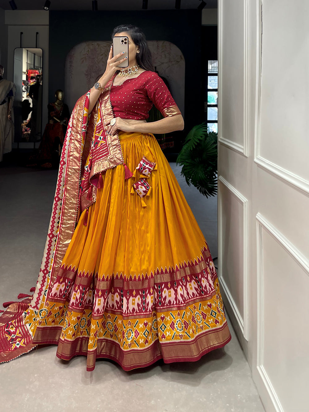 Mustard Color Patola Print With Foil Work Tussar Silk Lehenga Choli
