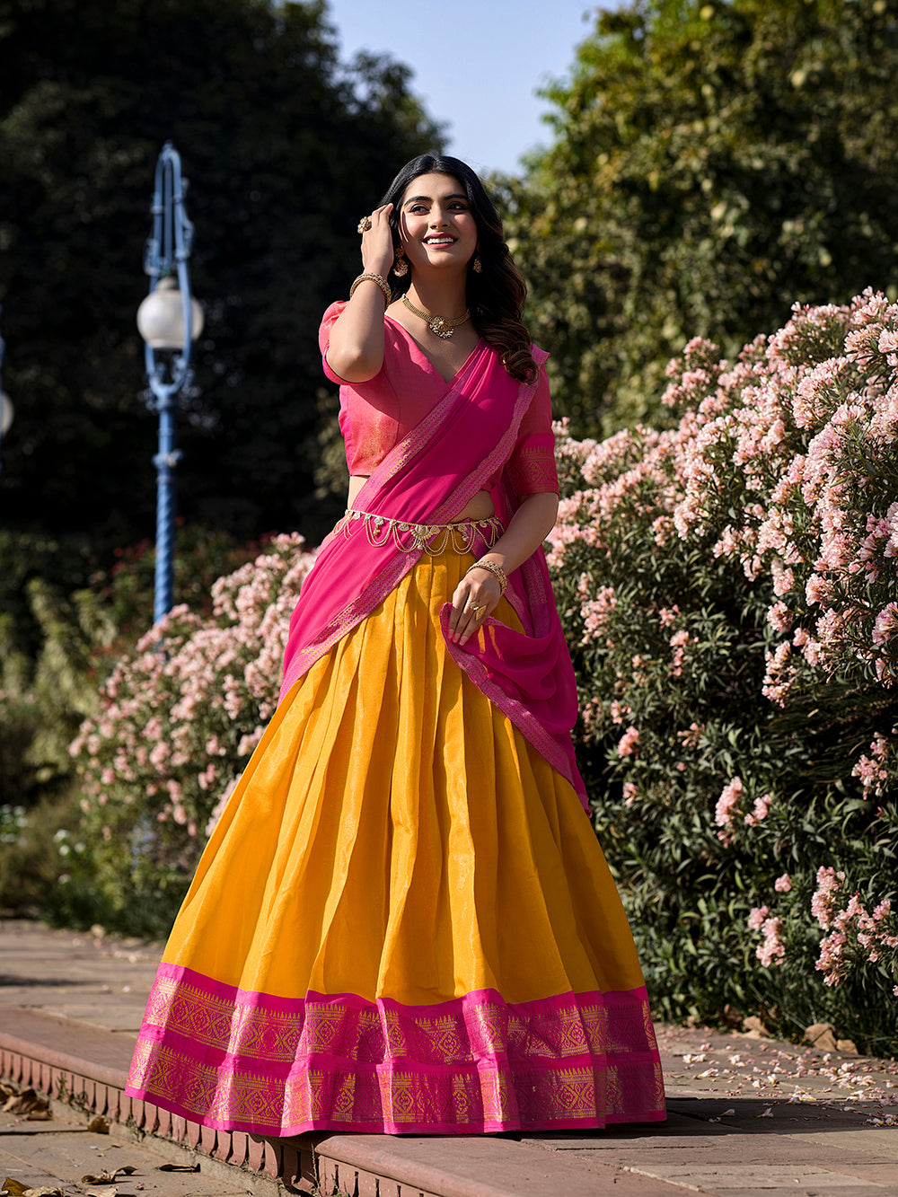 Mustard kanchipuram silk lehenga choli with zari weaving matching dupatta