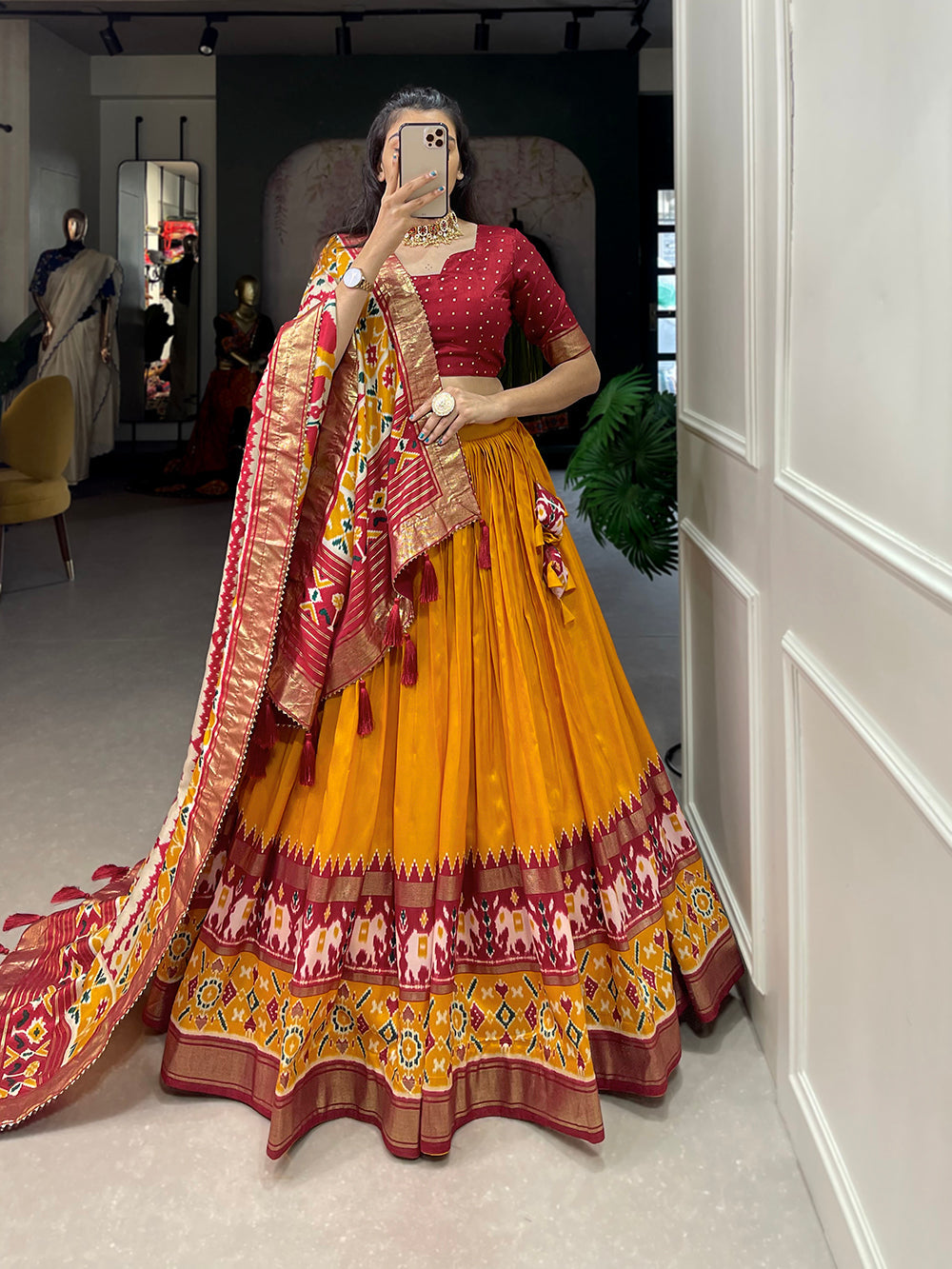 Mustard Color Patola Print With Foil Work Tussar Silk Lehenga Choli