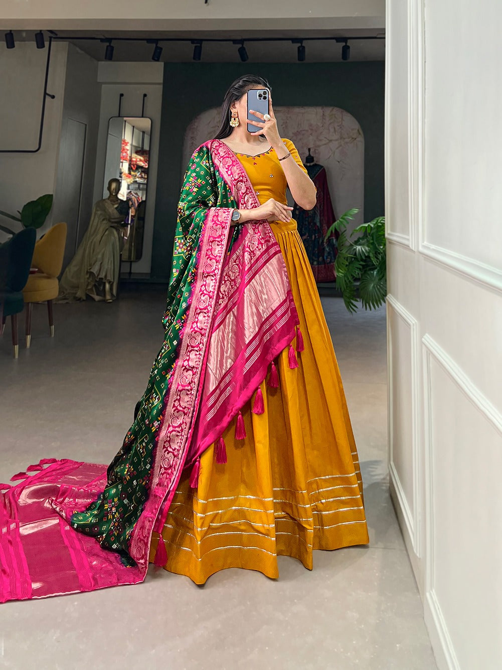 Mustard Color Pure Cotton Lehenga & Gaji Silk Dupatta Set with Gota & Mirrorwork