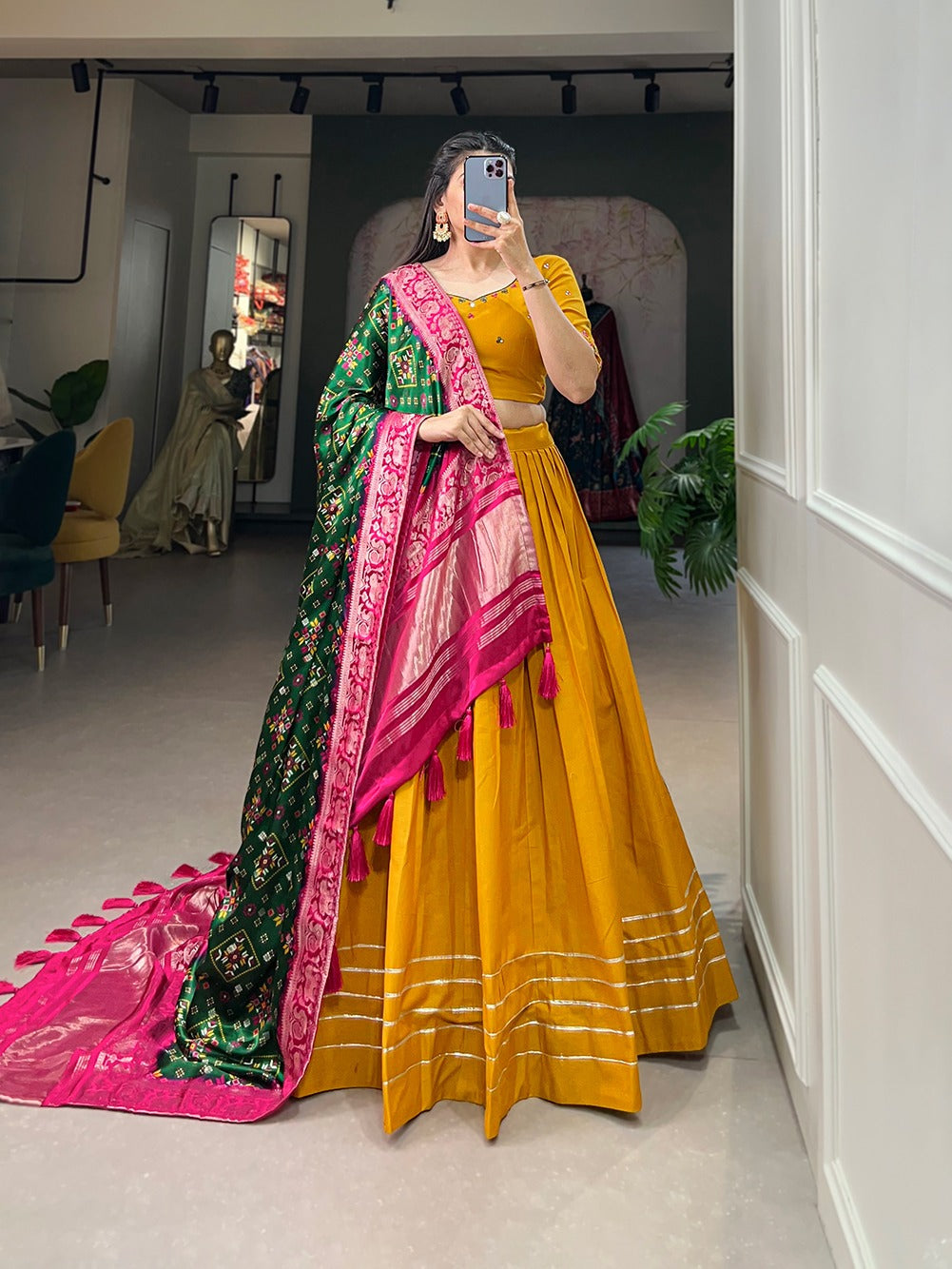 Mustard Color Pure Cotton Lehenga & Gaji Silk Dupatta Set with Gota & Mirrorwork