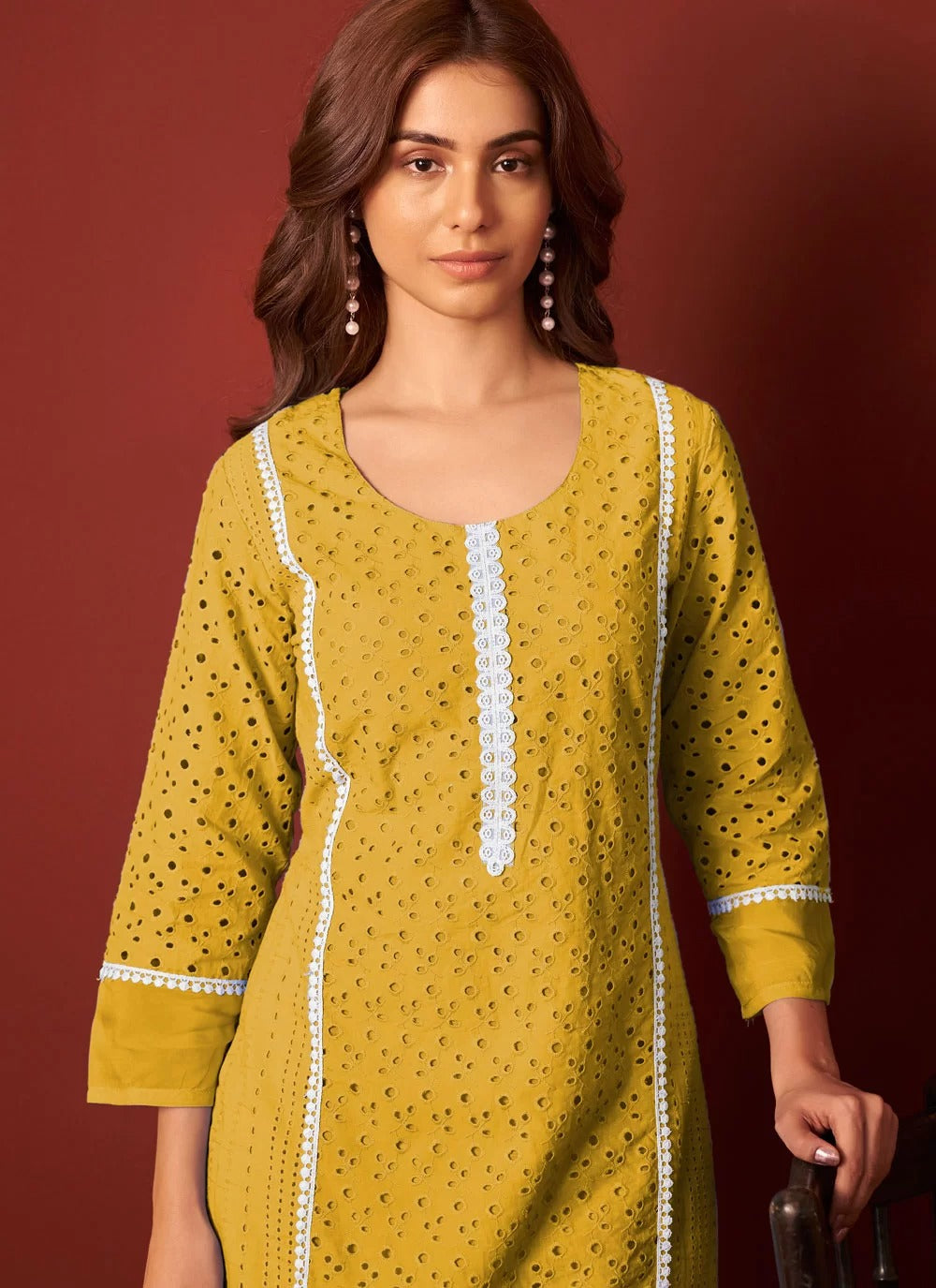 Graceful mustard cotton embroidered kurti set with dupatta