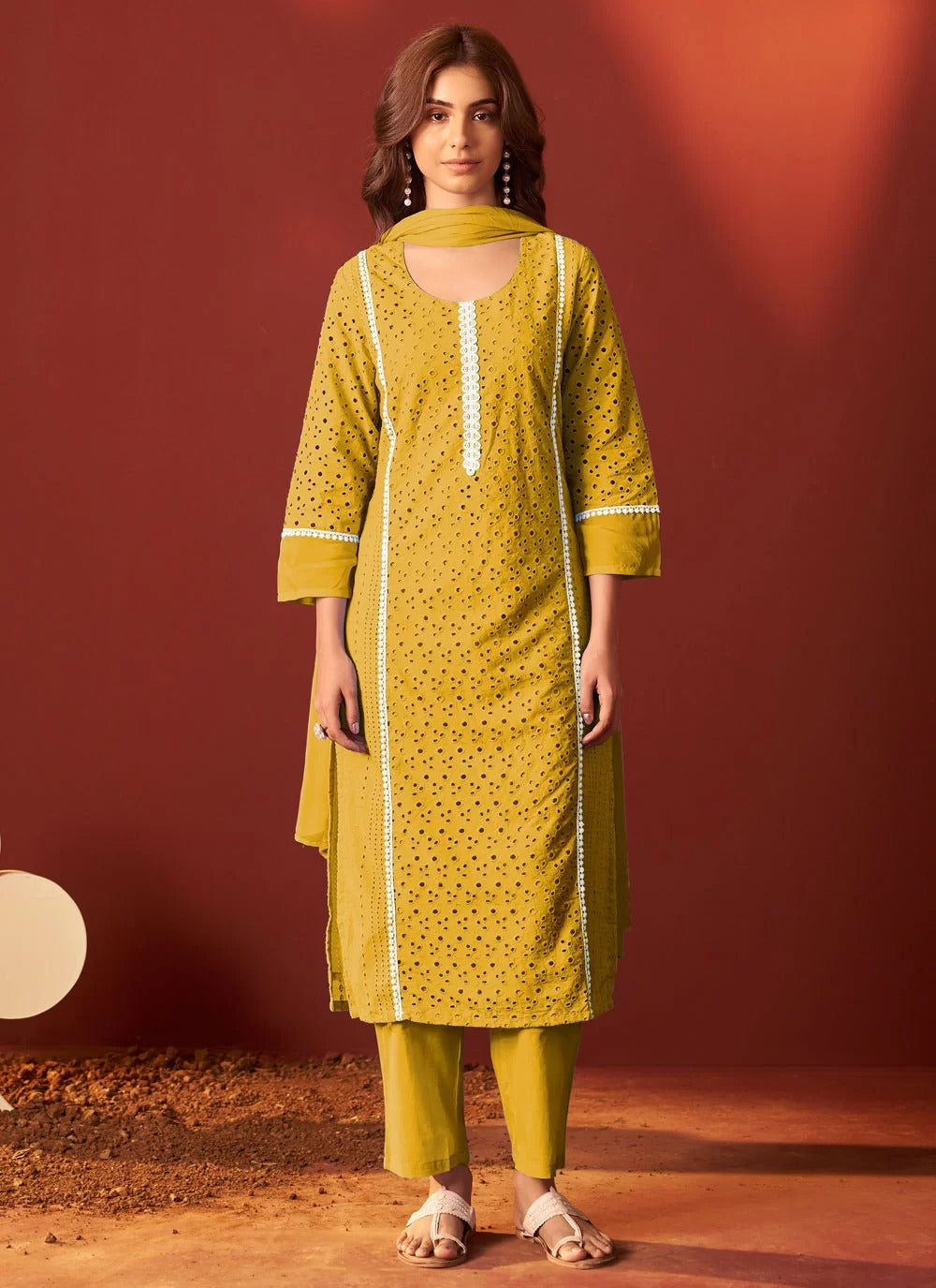 Graceful mustard cotton embroidered kurti set with dupatta