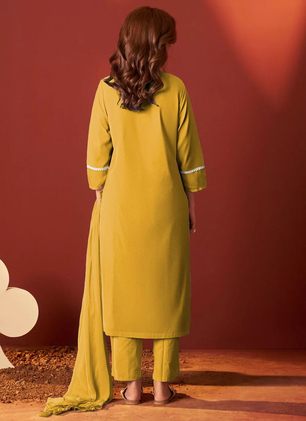 Graceful mustard cotton embroidered kurti set with dupatta