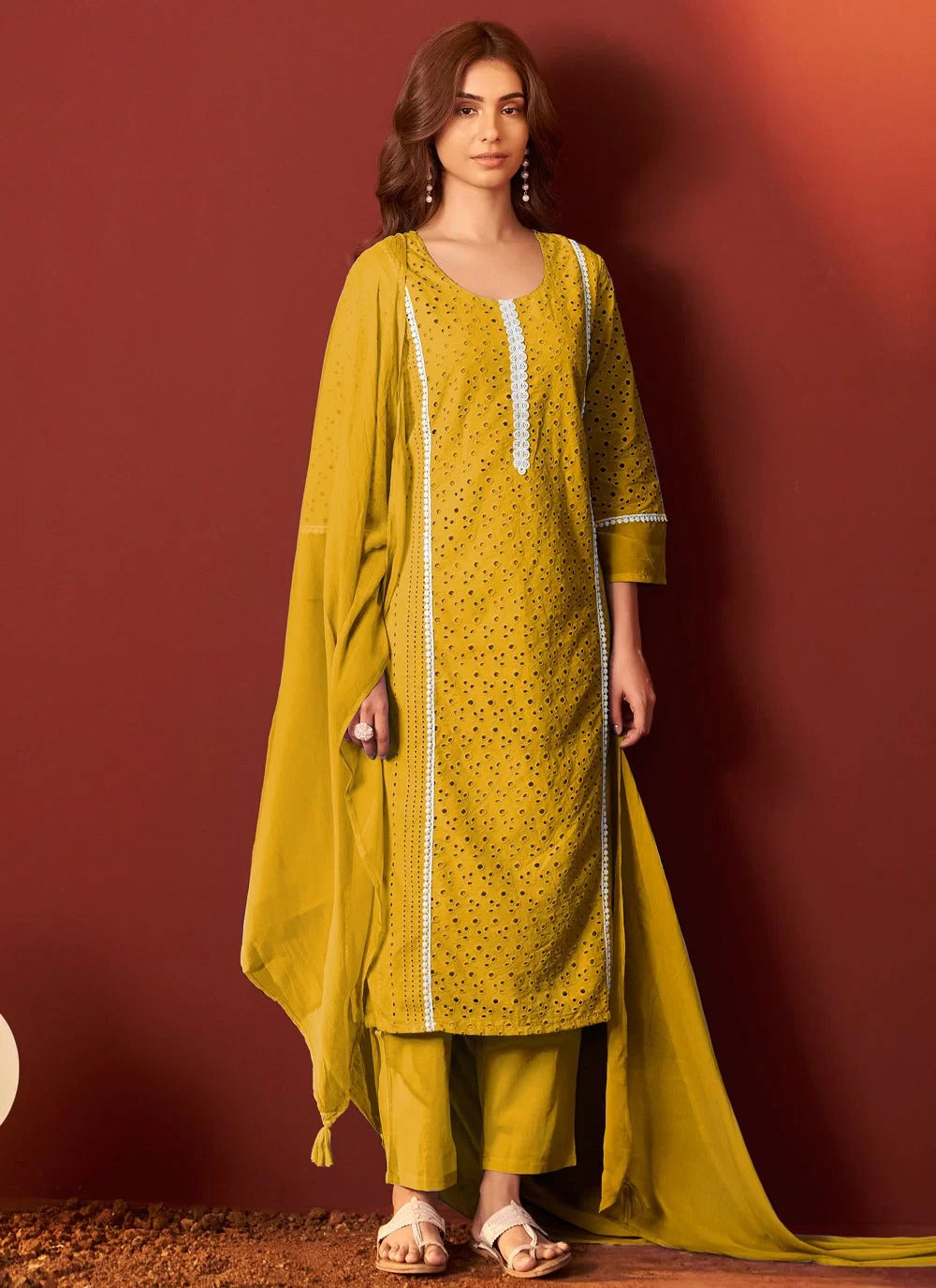 Graceful mustard cotton embroidered kurti set with dupatta