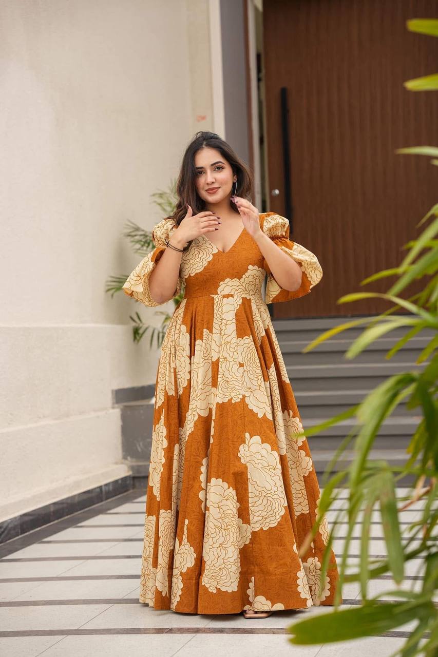 Mustard Designer Maslin Digital Print Gown Suit with Micro Cotton Pants