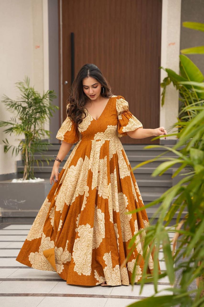Mustard Designer Maslin Digital Print Gown Suit with Micro Cotton Pants