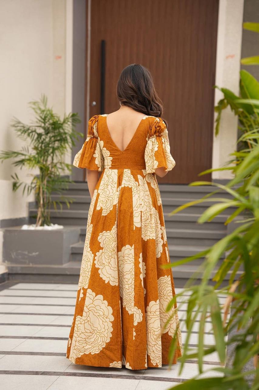 Mustard Designer Maslin Digital Print Gown Suit with Micro Cotton Pants