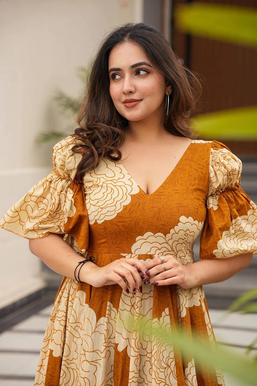 Mustard Designer Maslin Digital Print Gown Suit with Micro Cotton Pants