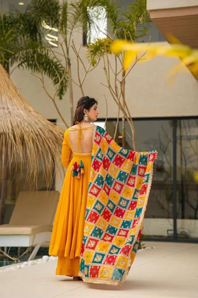 Mustard Elegant Chinon Silk Gown Set with Dupatta