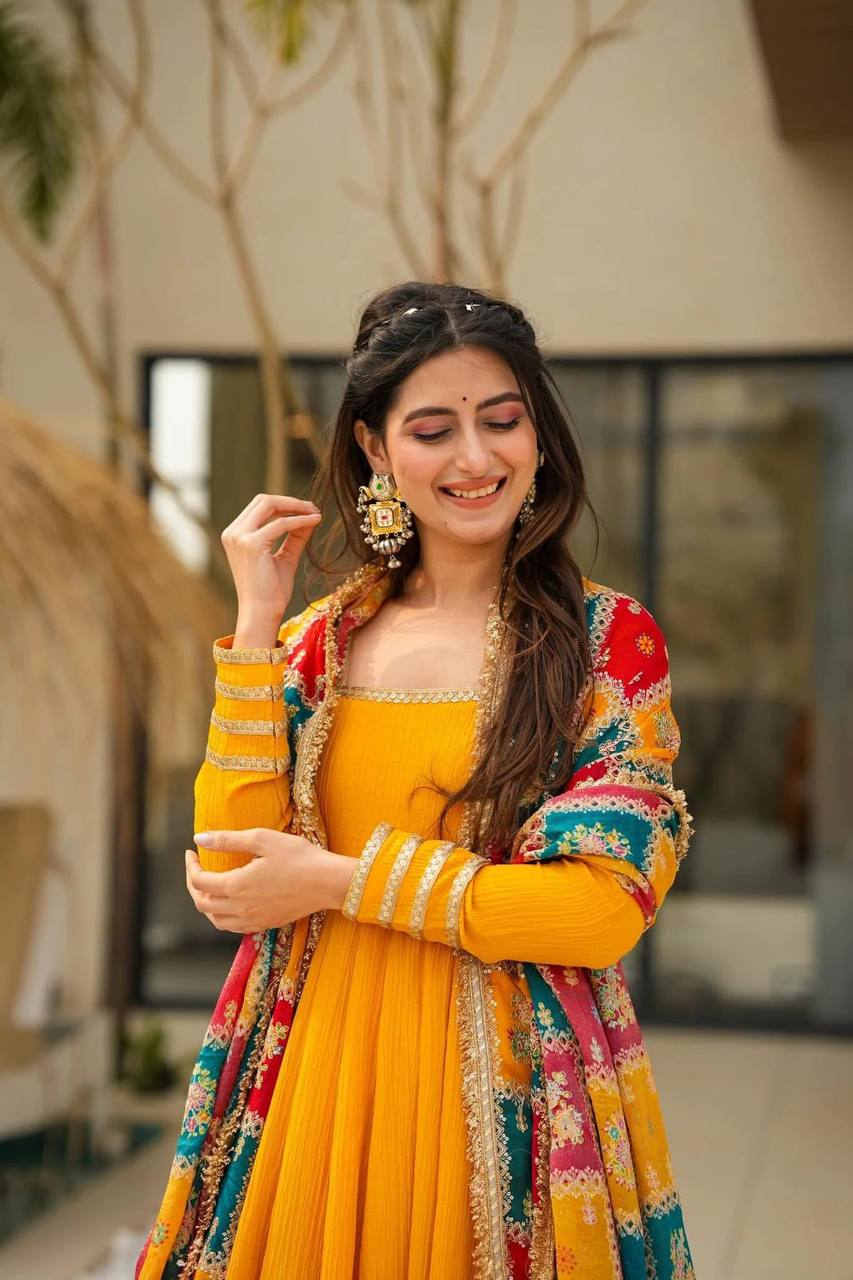 Mustard Elegant Chinon Silk Gown Set with Dupatta