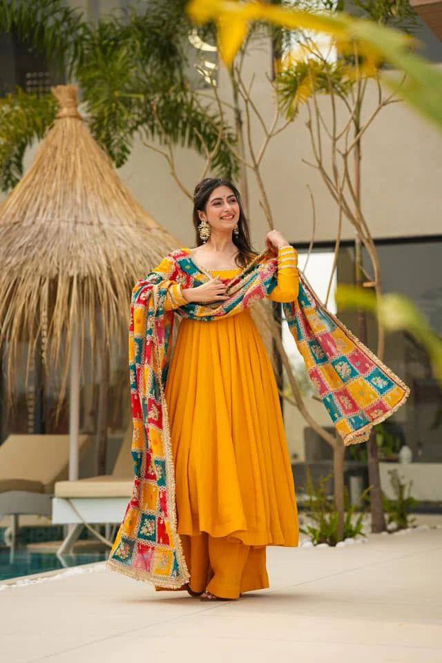 Mustard Elegant Chinon Silk Gown Set with Dupatta