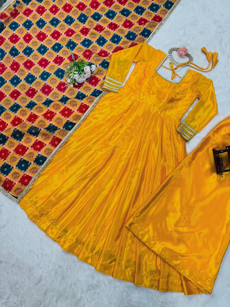 Mustard Elegant Chinon Silk Gown Set with Dupatta