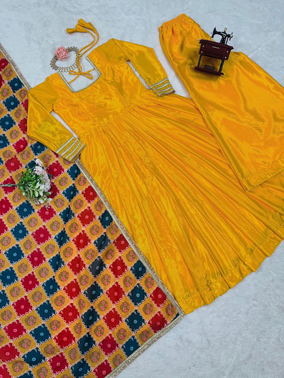 Mustard Elegant Chinon Silk Gown Set with Dupatta