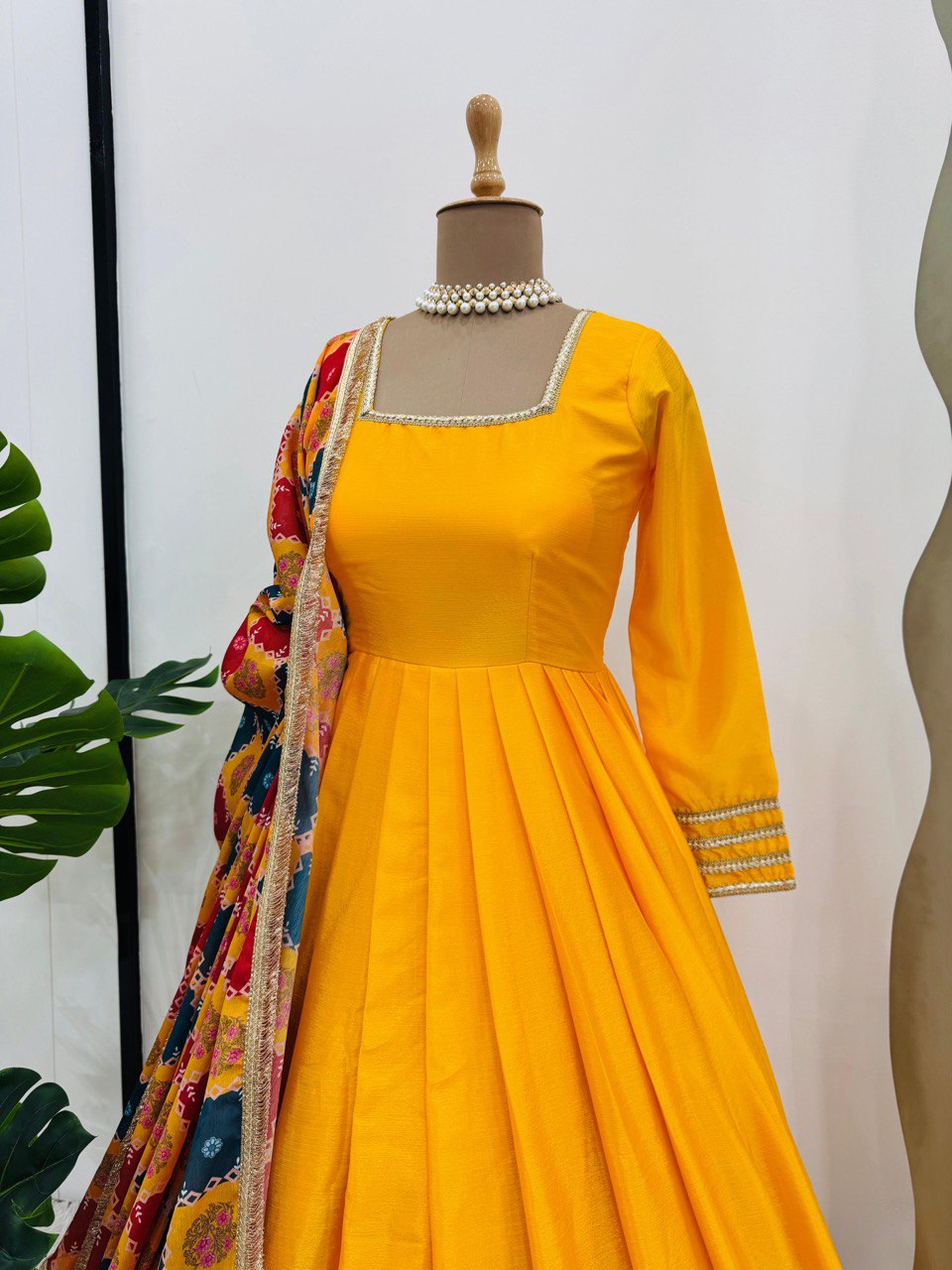 Mustard Elegant Chinon Silk Gown Set with Dupatta