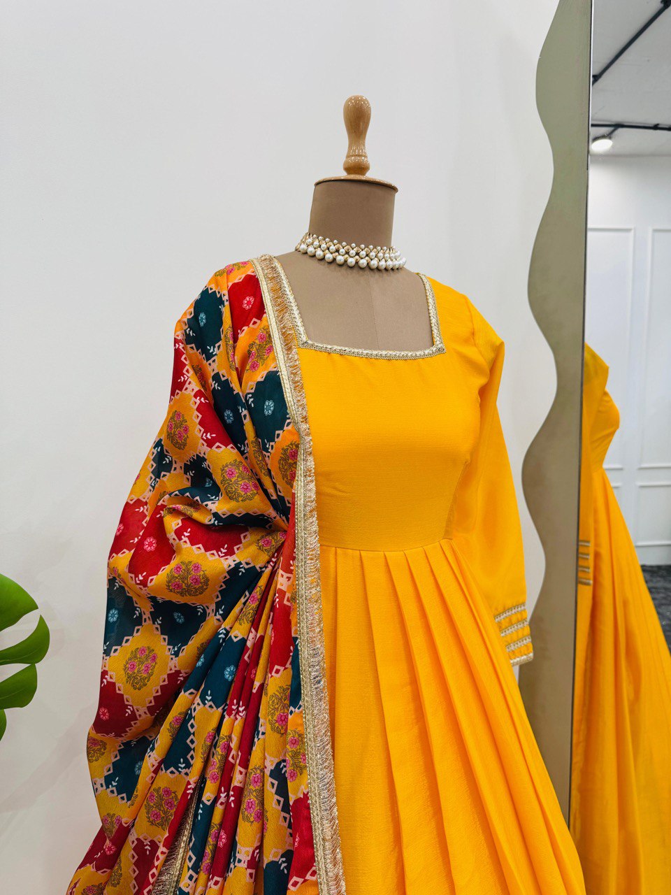 Mustard Elegant Chinon Silk Gown Set with Dupatta