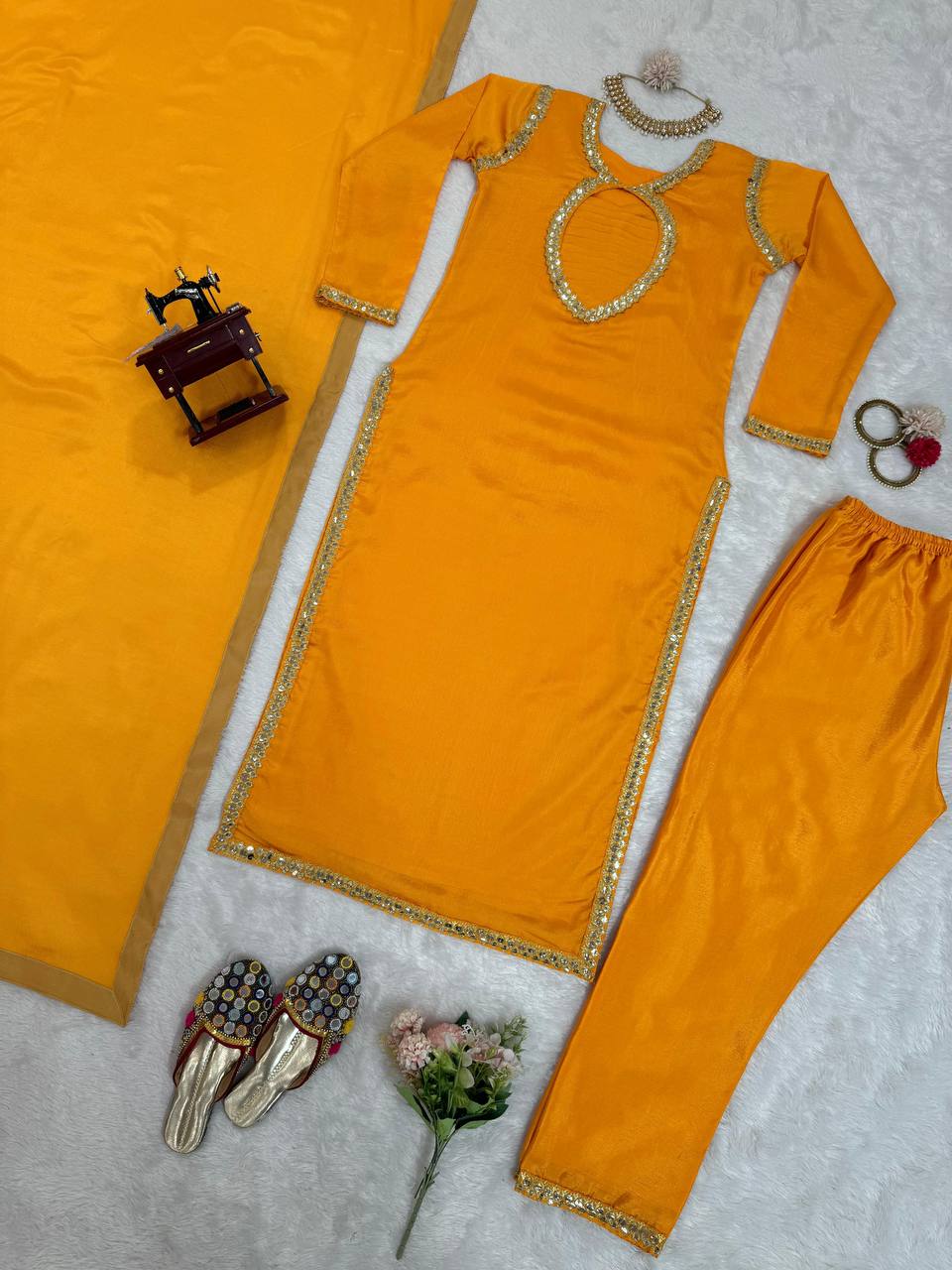 Mustard Elegant Chinon Silk Suit Set